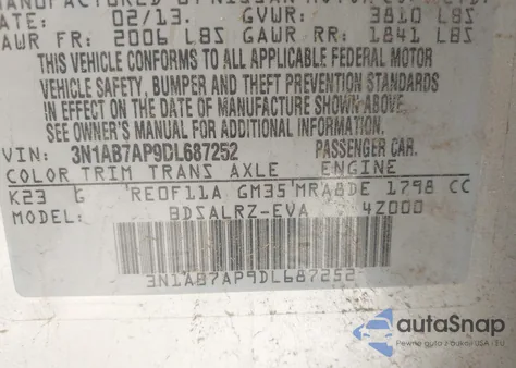 2013 Nissan Sentra Sr z USA, uszkodzony, nr VIN 3N1AB7AP9DL687252